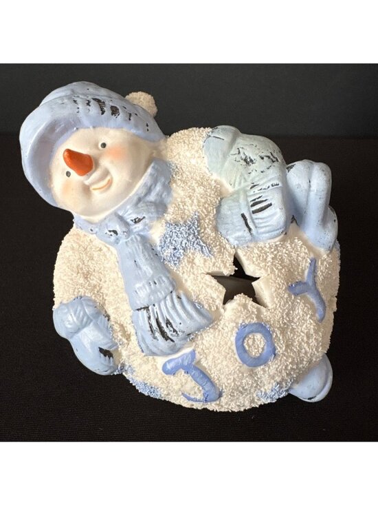 None Other - Christmas Snowman Figurine Tea Light Candle Holder Joy Winter Blue White 4"